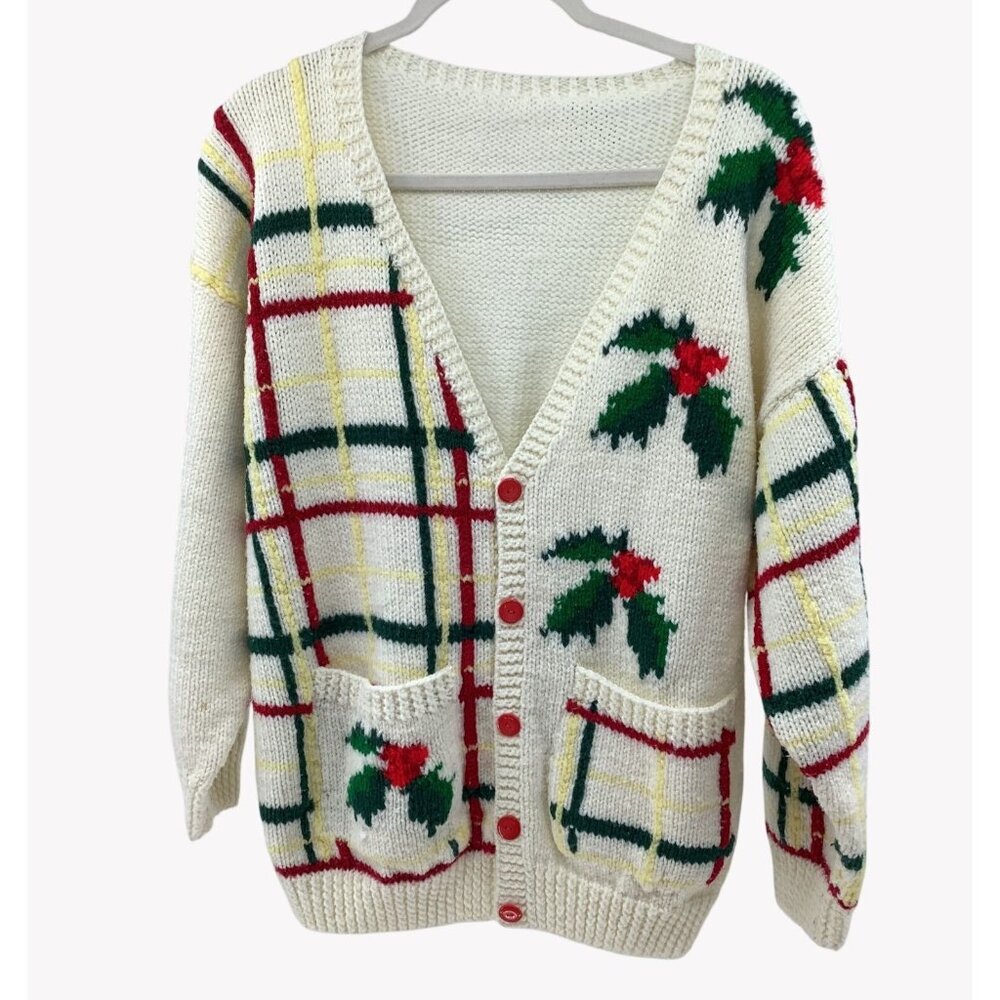 Vintage Holiday Cardigan Sweater With Holly Plaid Knit Design Est Sz L